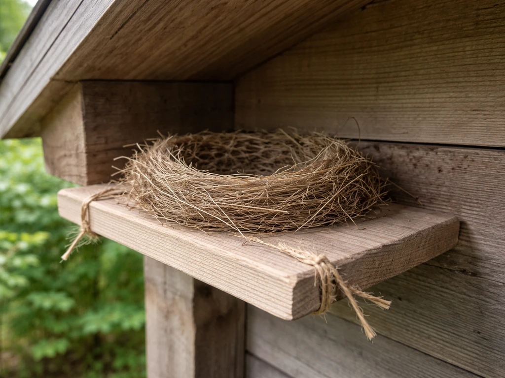 A grass bird nest on a sheltered outdoor platform under a roof overhang, secured to the support beam.