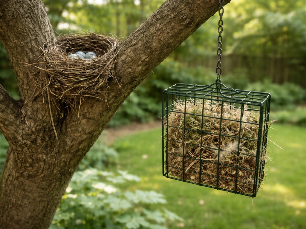 Bird nest tucked in a safe tree branch, with loose grass offered in a simple holder nearby.