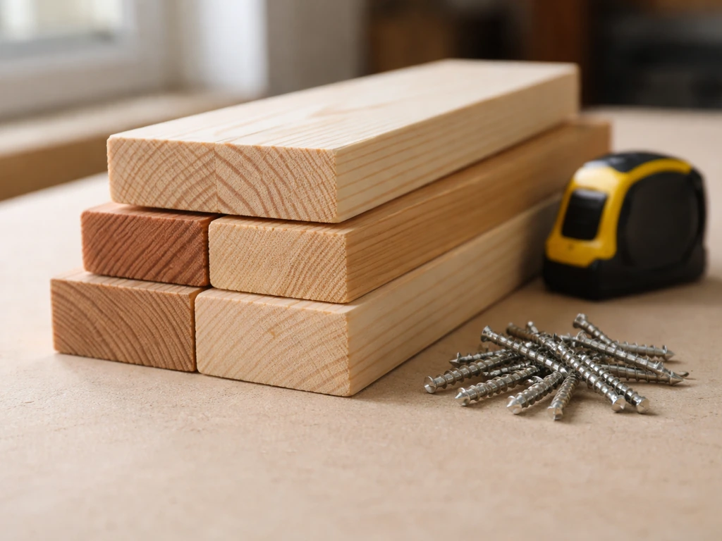 Untreated pine and cedar boards on a workbench with simple tools nearby, ready for building.