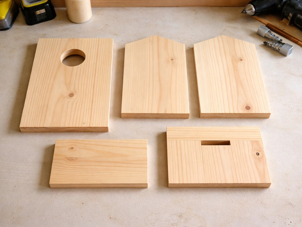 Minimal top-down view of cut wood pieces labeled by placement for a small lovebird nest box layout