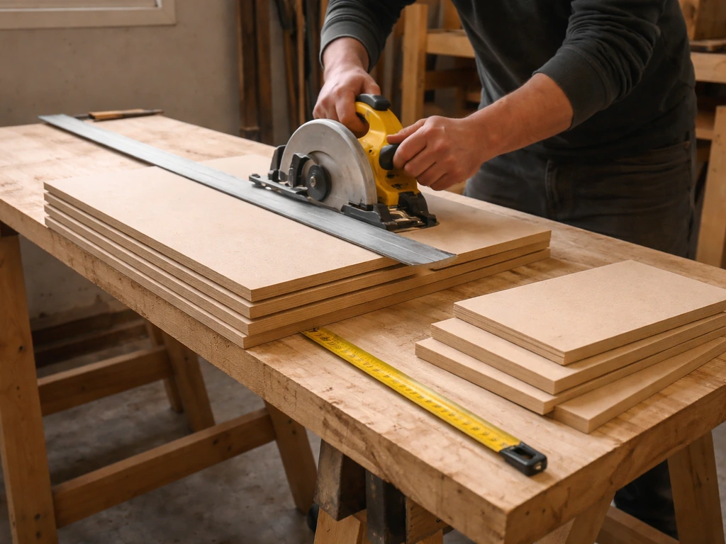 Hands cutting untreated wooden panels on a sawhorse with a saw and measuring tape nearby.