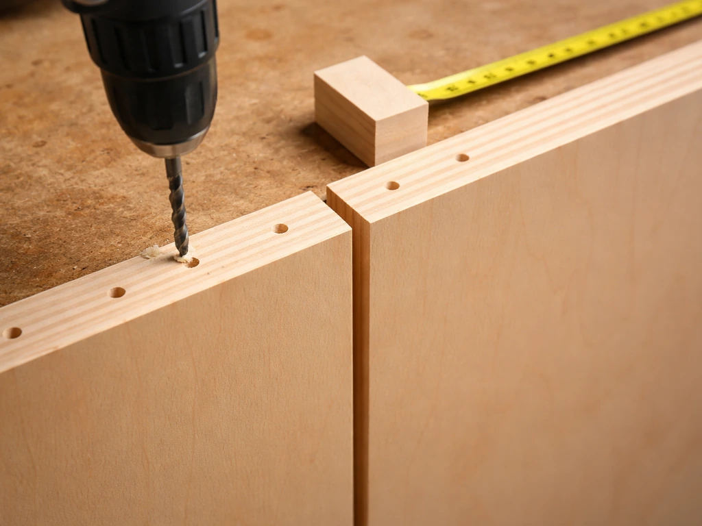 Cordless drill drilling ventilation holes near the top of wooden side and cleanout panels on a bench.