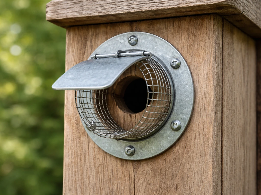 Outdoor lovebird house with a metal predator guard fitted over the entry area to deter cats or rodents.