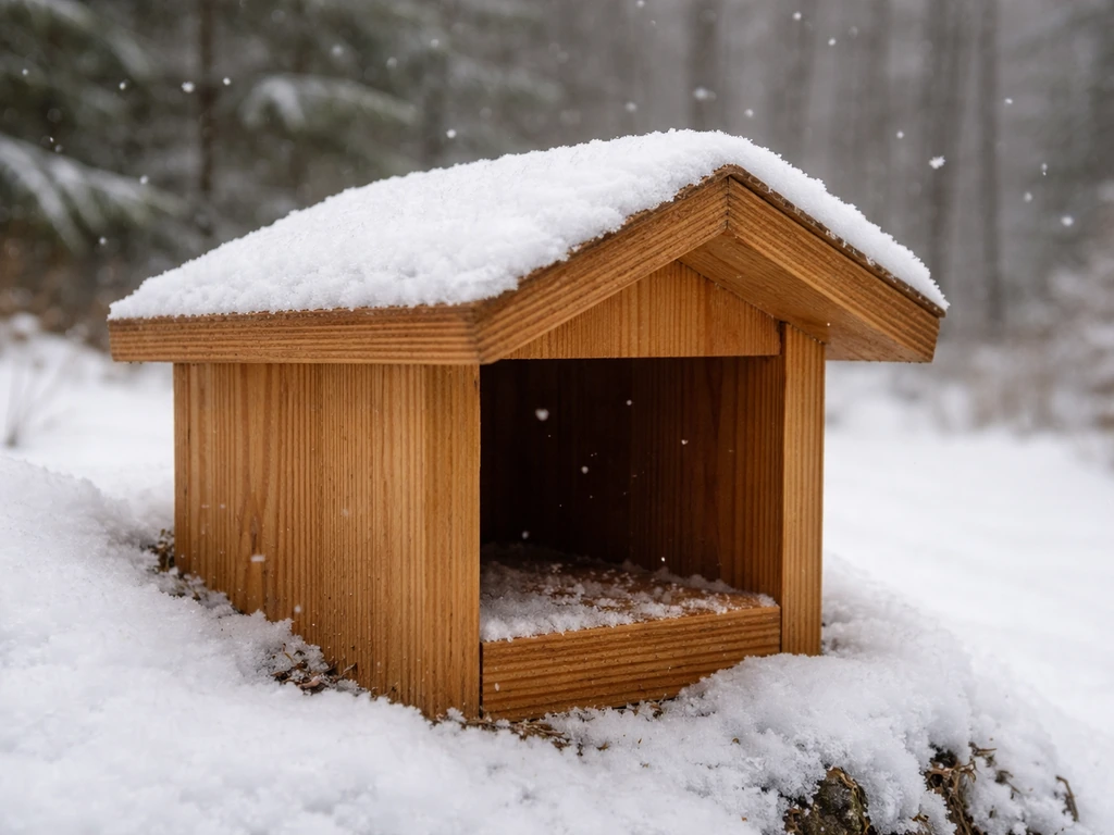 Snow lightly falls on a wind-blocking bird roost box with a dry covered entrance.