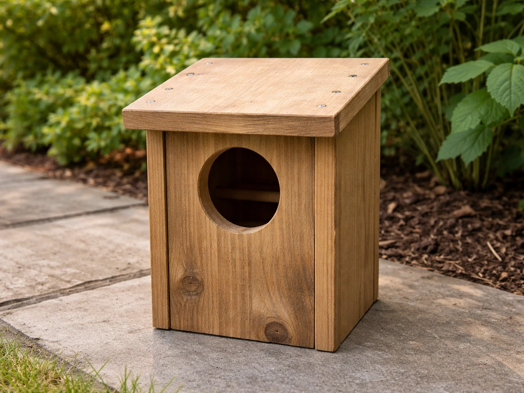 Simple wooden roost box with entrance hole and a couple of interior perch dowels
