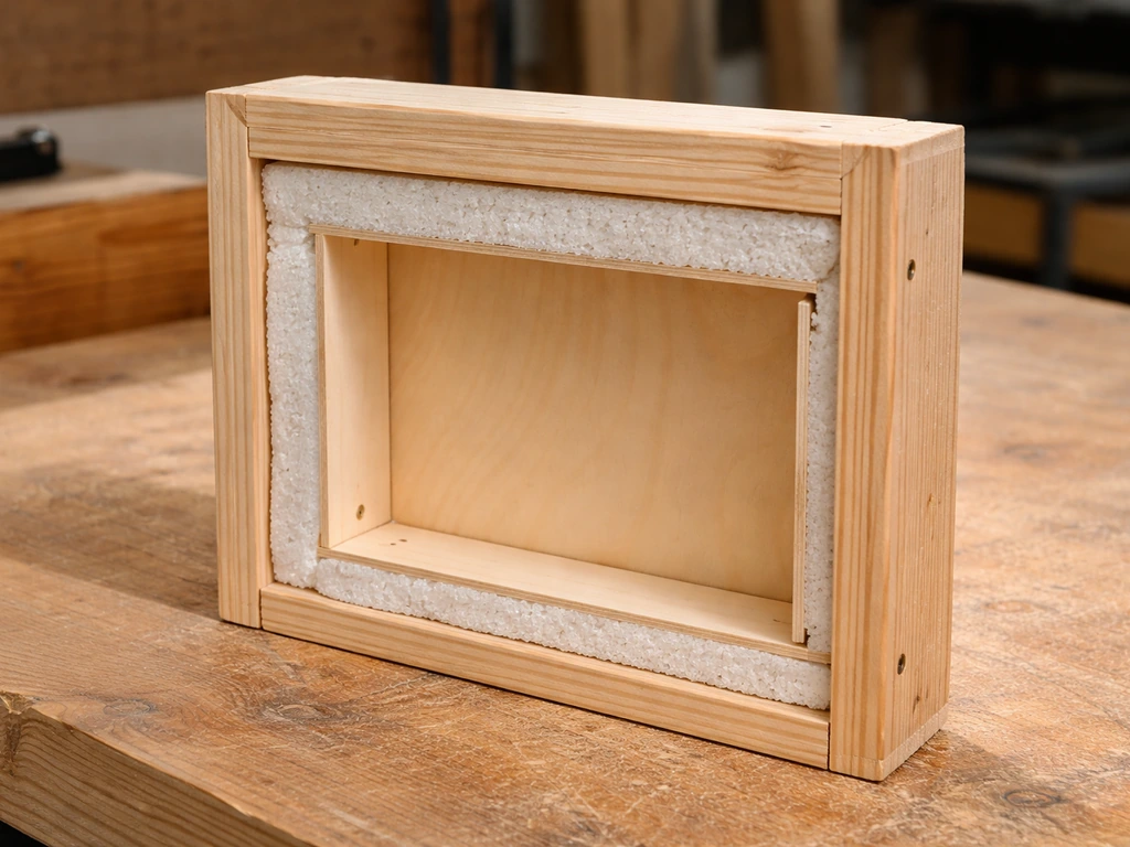 Close-up of a roost box wall section showing rigid foam insulation and an interior plywood liner