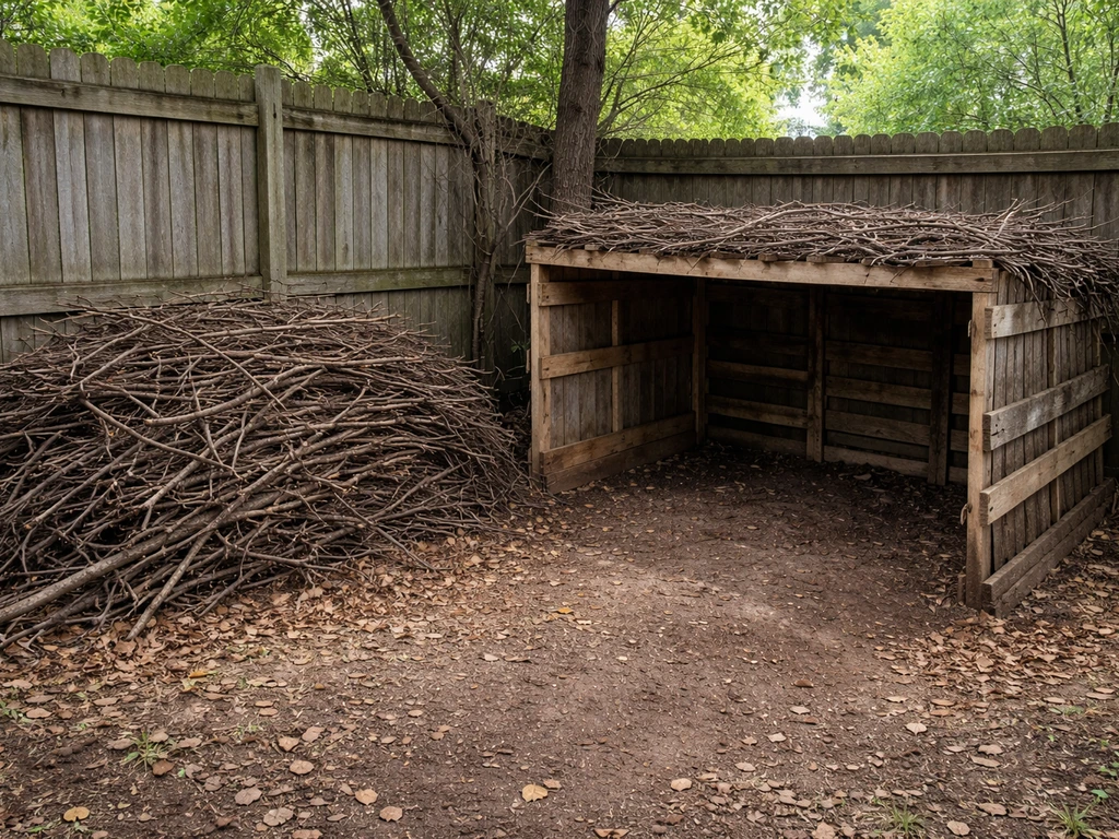 Dense brush pile in a yard corner with a three-sided lean-to built from scrap pallets or lumber.
