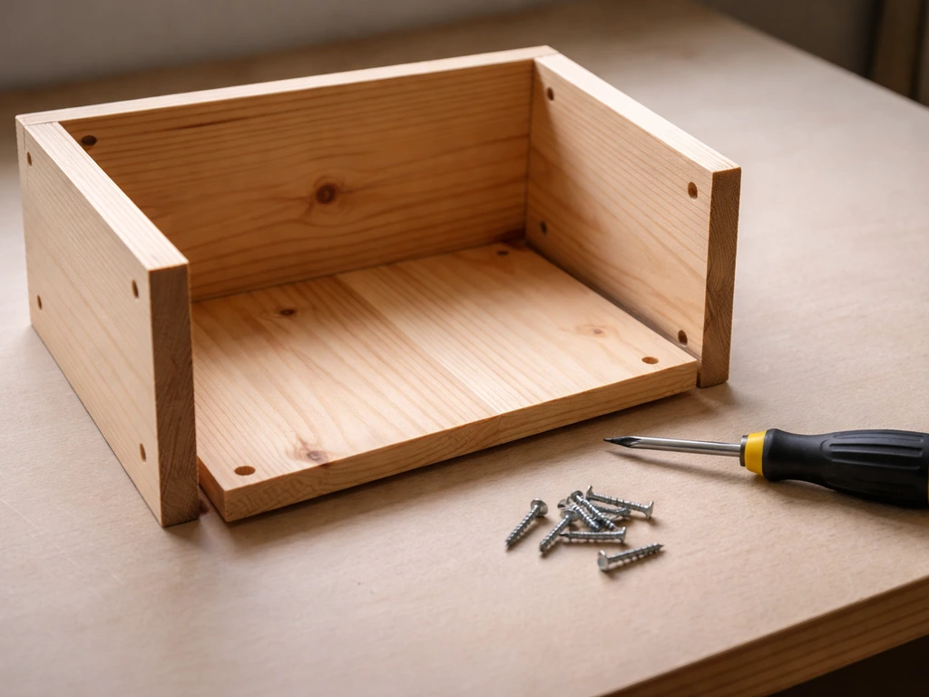 Wooden storage box being assembled with side panels attached to back, screws visible on seams