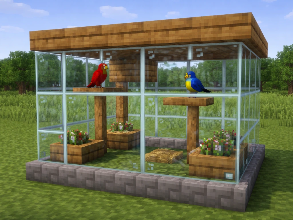 Outside view of a Minecraft bird aviary with glass walls, perches, and parrots inside