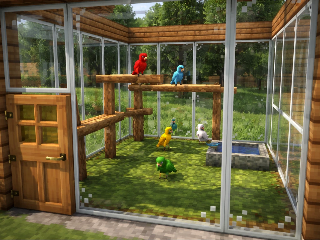 Minecraft-style bird aviary with glass walls and interior perches, parrot-like birds inside