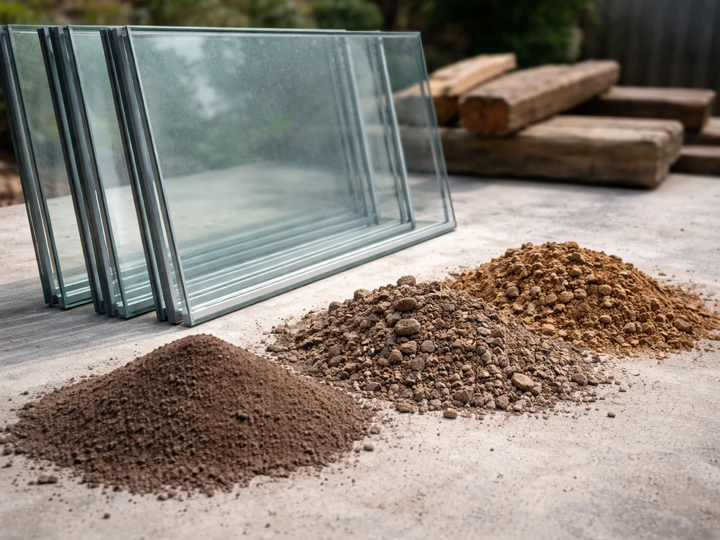 Close-up of glass panes for aviary walls and mixed dirt/podzol piles for flooring, with wood roof beams.