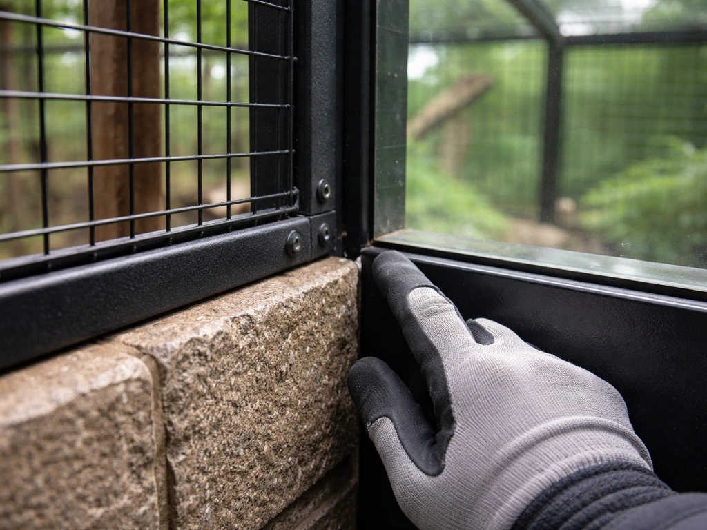 Gloved hand checks a tight corner seam where a fence meets a glass panel in a bird enclosure.