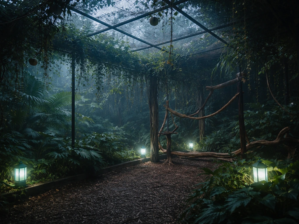 Bright interior aviary corner lit by softly placed sea lanterns, surrounded by dense lush foliage.