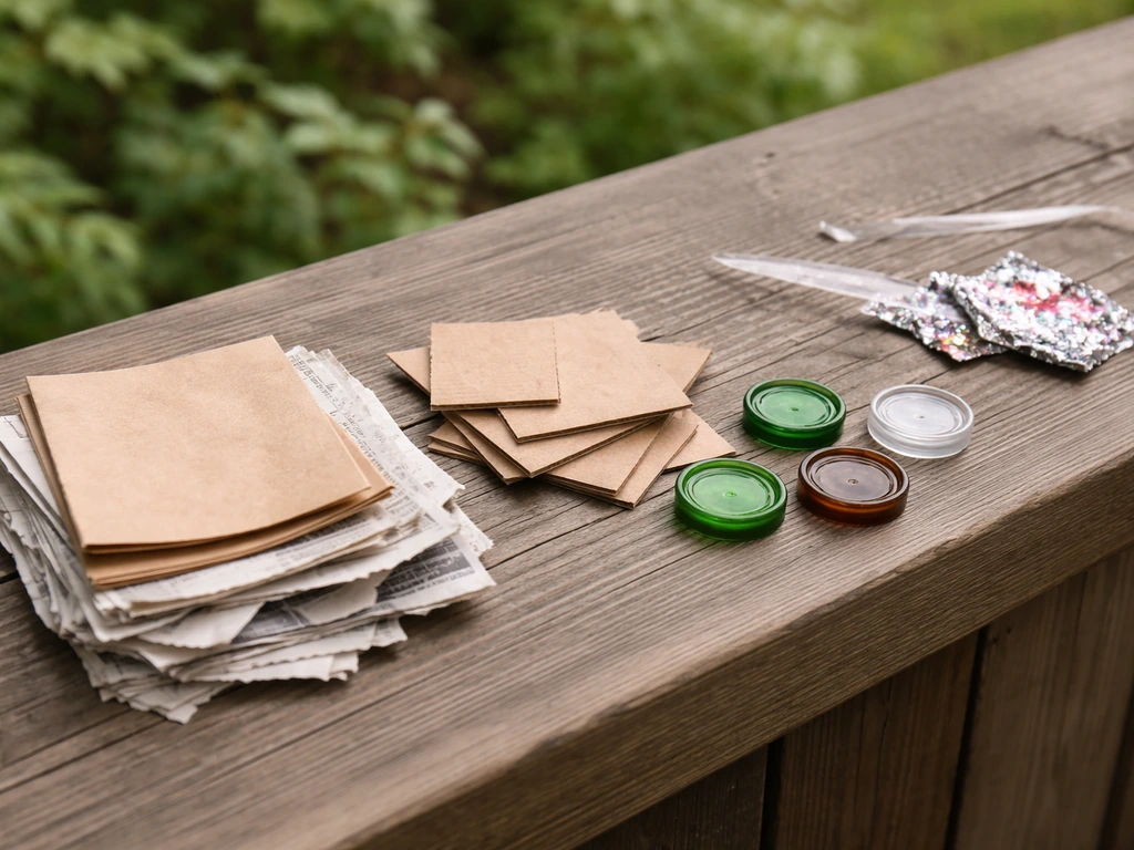 Outdoor assortment of clean recycled paper/cardboard and glass caps with a few avoided plastics off to the side.