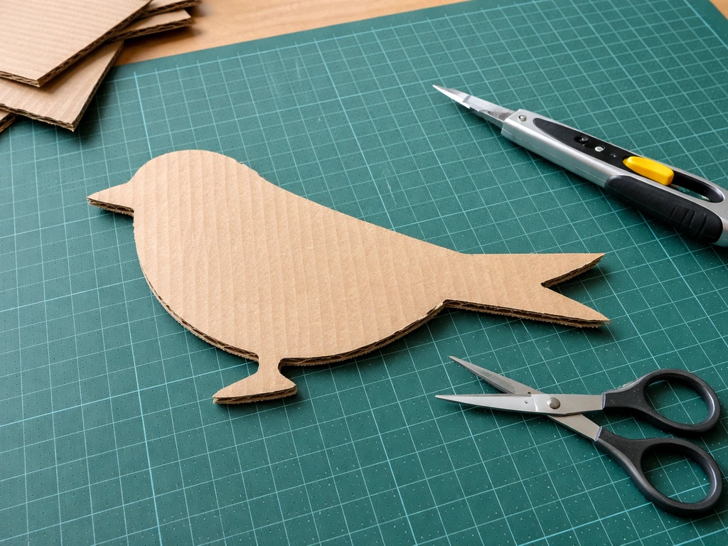 Flat cardboard bird silhouette cut from recycled shipping box on a green cutting mat with scissors and knife.