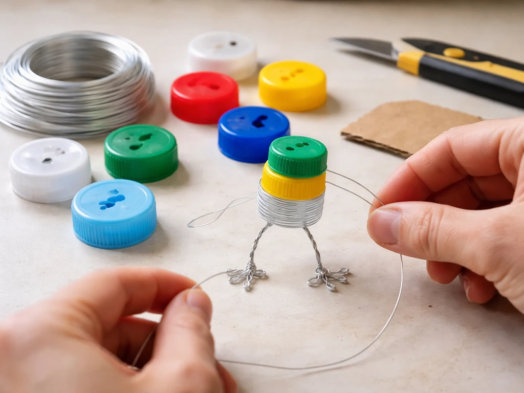 Hands threading craft wire through drilled bottle caps to form a simple bird body and legs on a table.