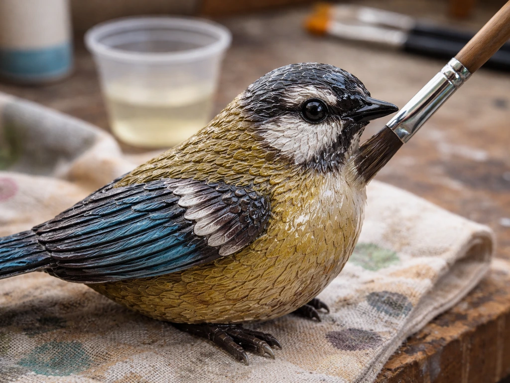 Close-up of a painted bird sculpture with beak, wings, eyes detailed and a clear weatherproof seal applied.