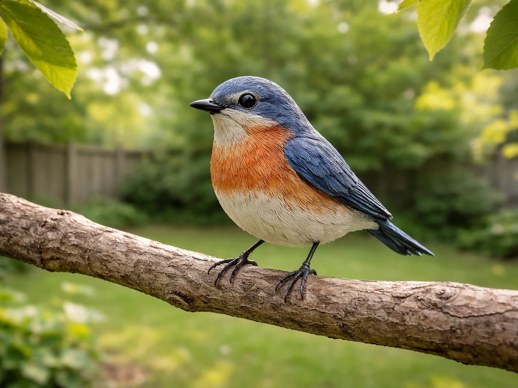 Wire-legged decorative bird perched on a branch, showing backyard enrichment placement.
