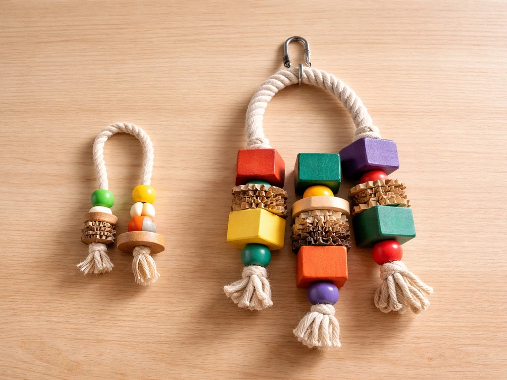 Two bird toys side by side showing small budgie-sized vs larger parrot-sized chew/toy sizing