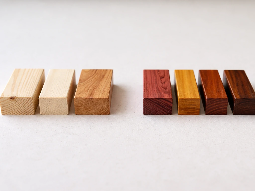Close-up wood samples: untreated pine/birch/apple on one side, glossy treated cedar on the other.