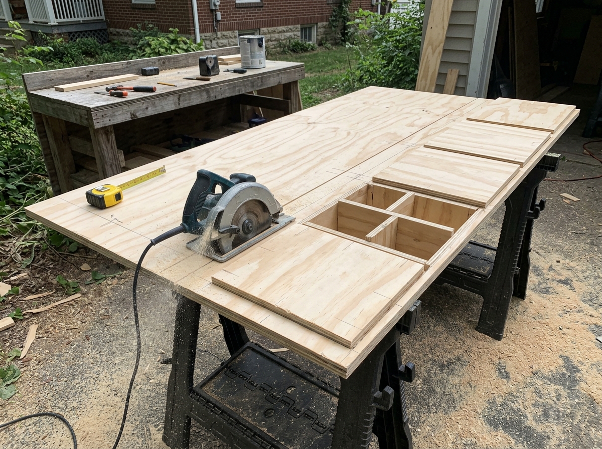 Cut plywood panels and dividers for the 4-compartment pigeon house