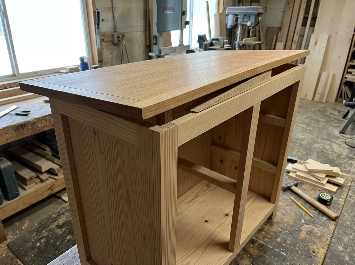 Roof panel installed with overhang and slight slope over the cabinet