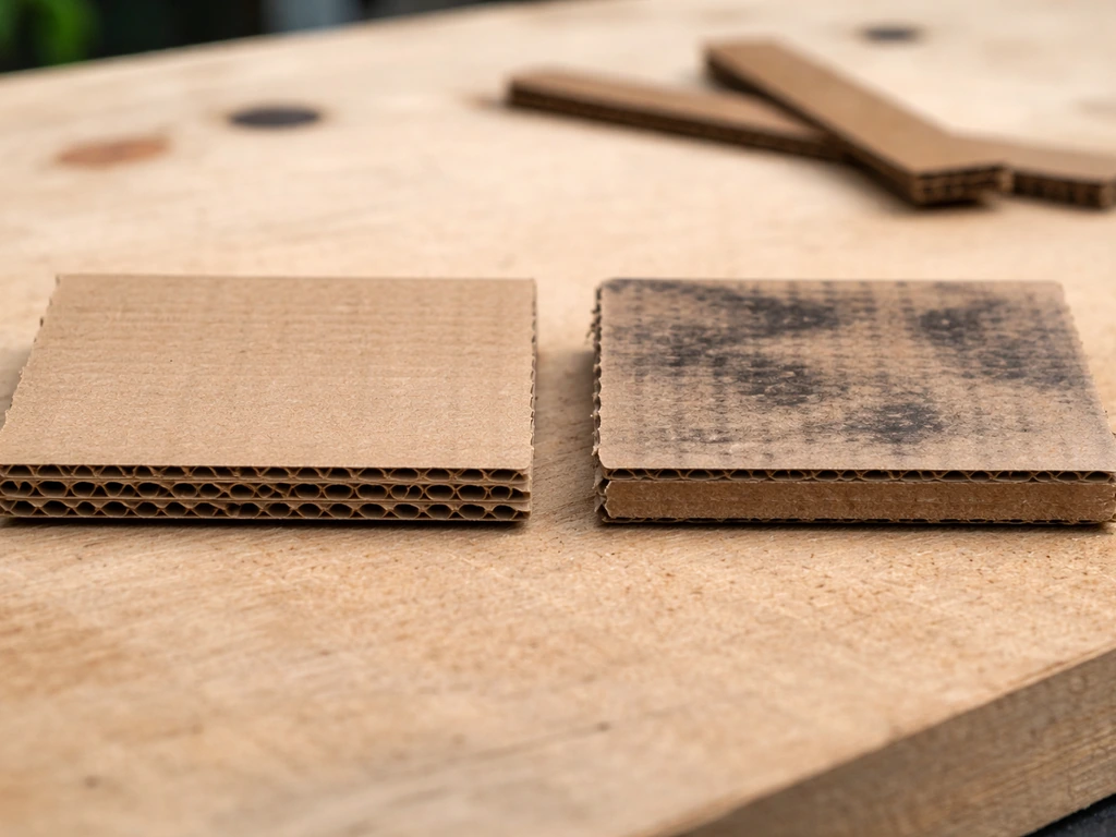 Close-up of matte plain corrugated cardboard next to glossy, ink-marked cardboard to compare safety.