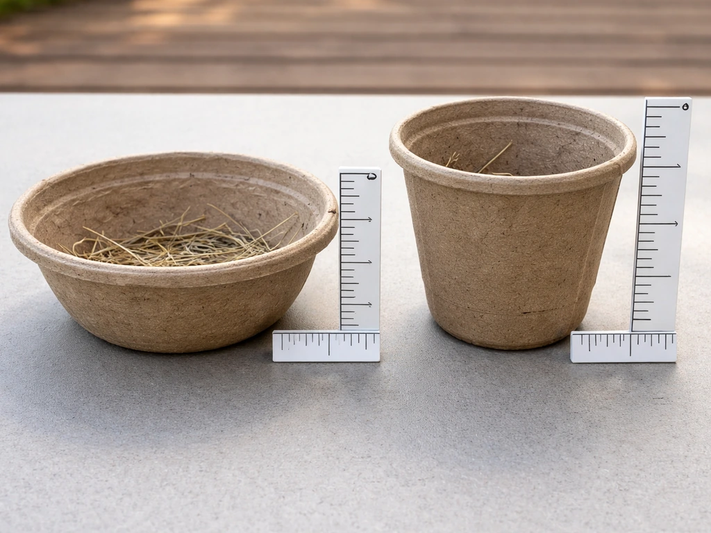 Two nest cups of different sizes side-by-side with measurement markers showing diameter and depth.