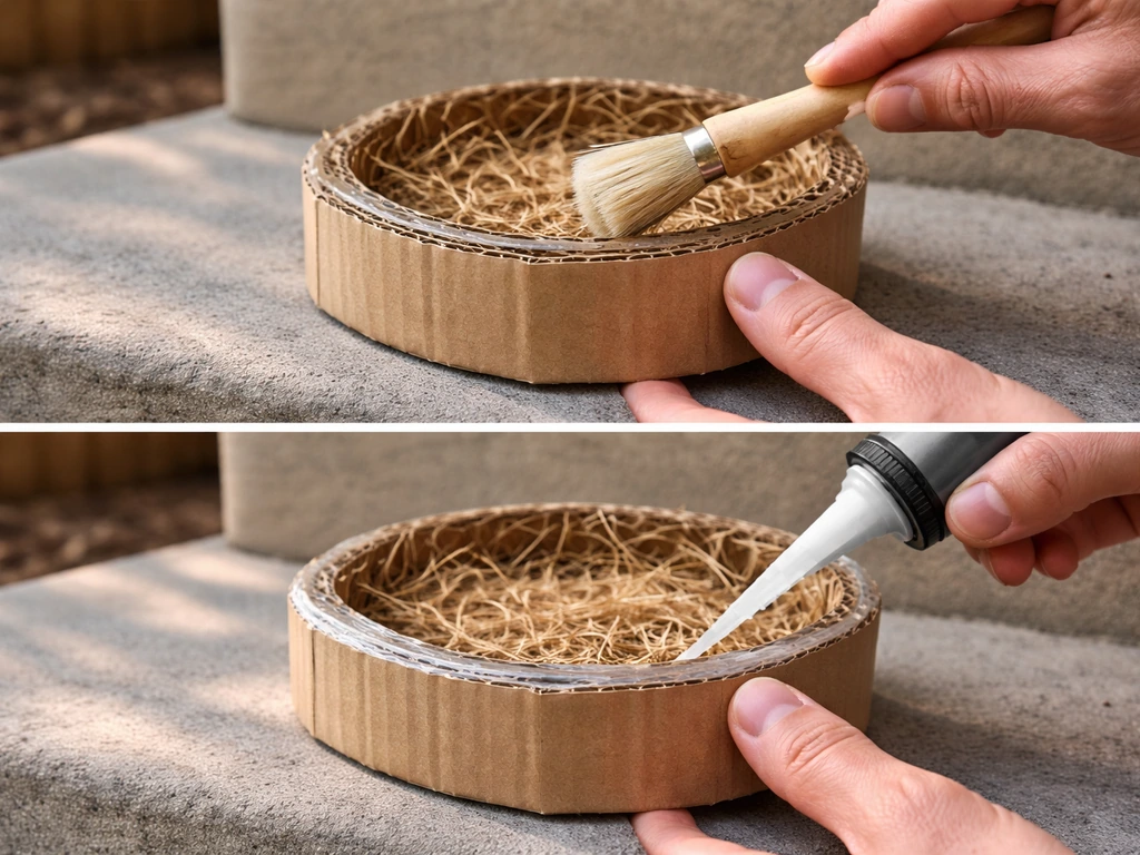 Hands brush and apply a clear non-toxic sealant to a cardboard nest rim to cover sharp edges.