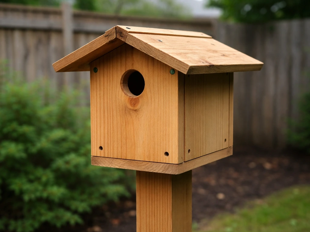 Large wooden bird house mounted outdoors with visible entrance, roof overhang, and rain-safe design.