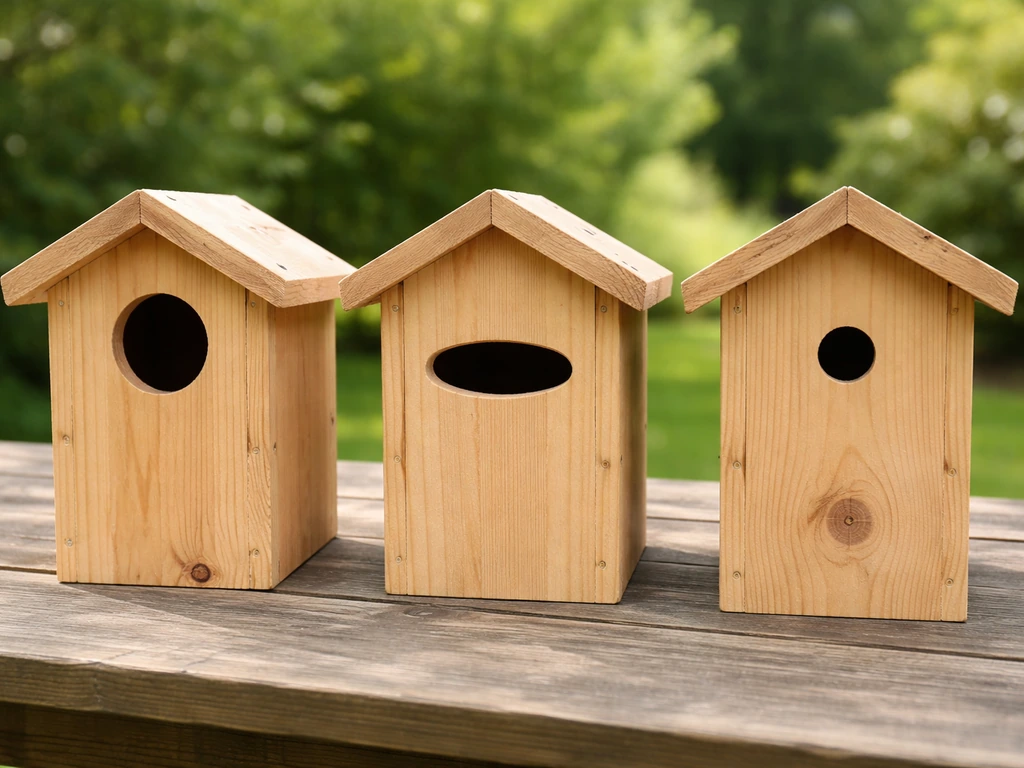 Three birdhouse entrance holes and nesting boxes sized for kestrel, tree swallow, and bluebird.
