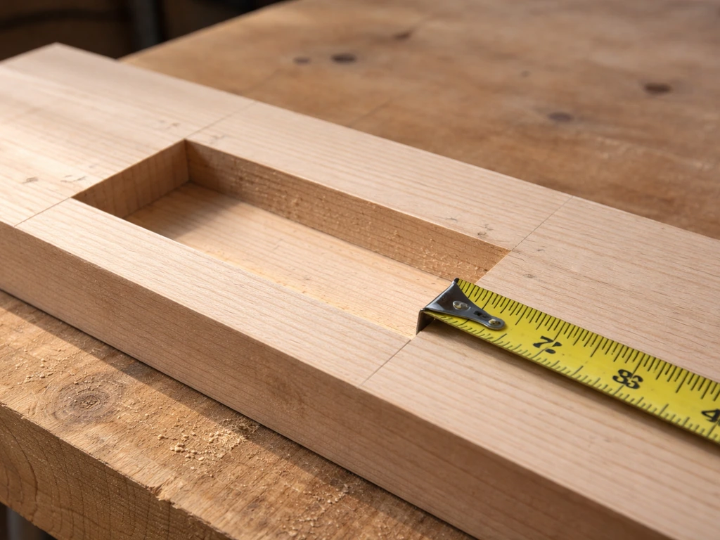 Cut wooden board with tape measure showing floor square size and depth marks for a bird nesting box