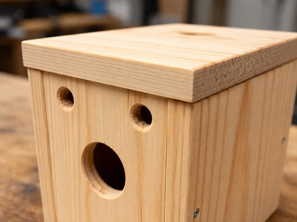 Close-up of a wooden bird nest box showing two small ventilation holes near the top on the side wall.