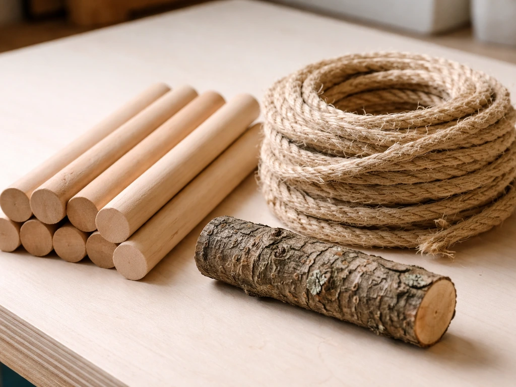 Close-up of untreated hardwood dowel sections, sisal rope, and a small branch sample for safe bird use