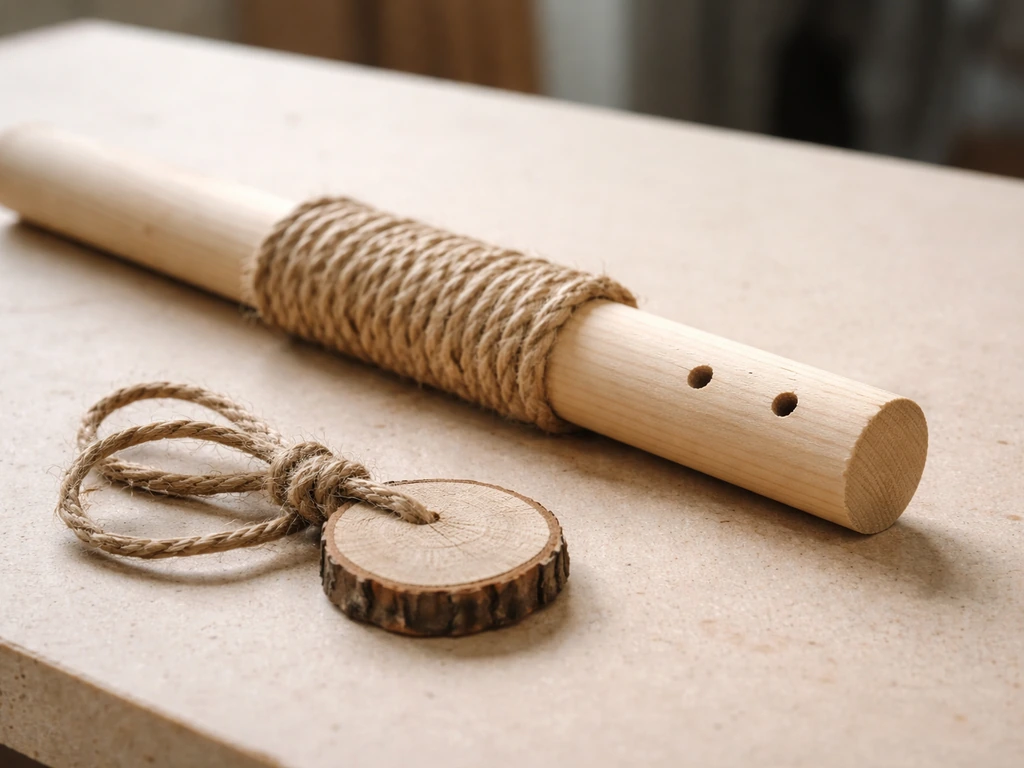 Close-up of a natural sisal-wrapped perch dowel with drilled holes and a simple hanging attachment ready to suspend.