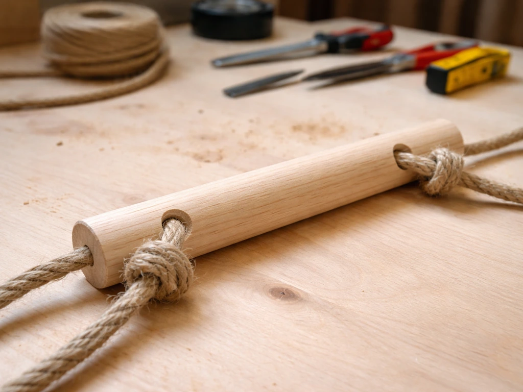 Wooden dowel perch swing with drilled holes, rope threaded through, and knots visible on a simple workbench