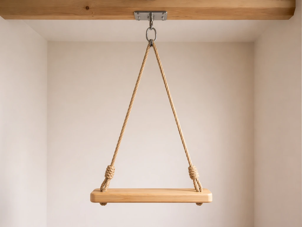 Bird swing hanging from a ceiling beam with two equal side ropes, hanging level and untwisted.