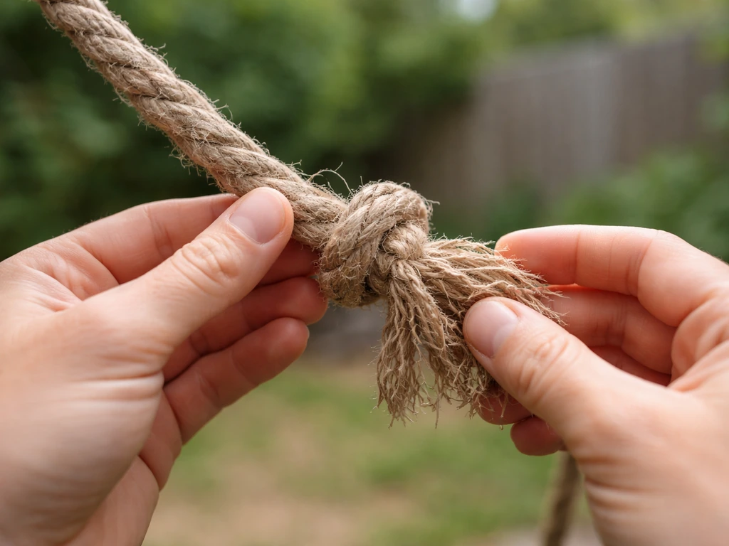 Close-up of hands inspecting a weathered outdoor swing rope for fraying and secure knots