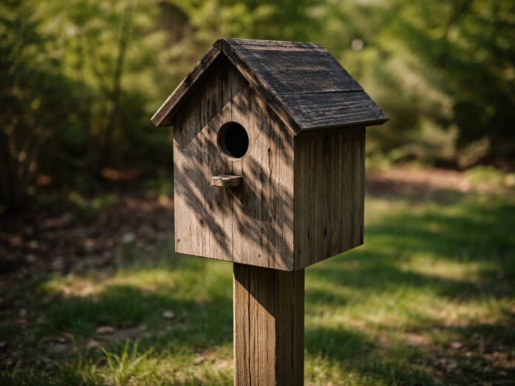 Wooden birdhouse with dappled afternoon sun and tree shadow patterns on one side