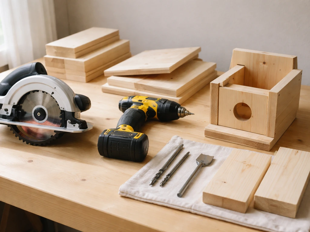 Beginner tool setup: circular saw, drill bits, and untreated wood pieces for making a nesting box.