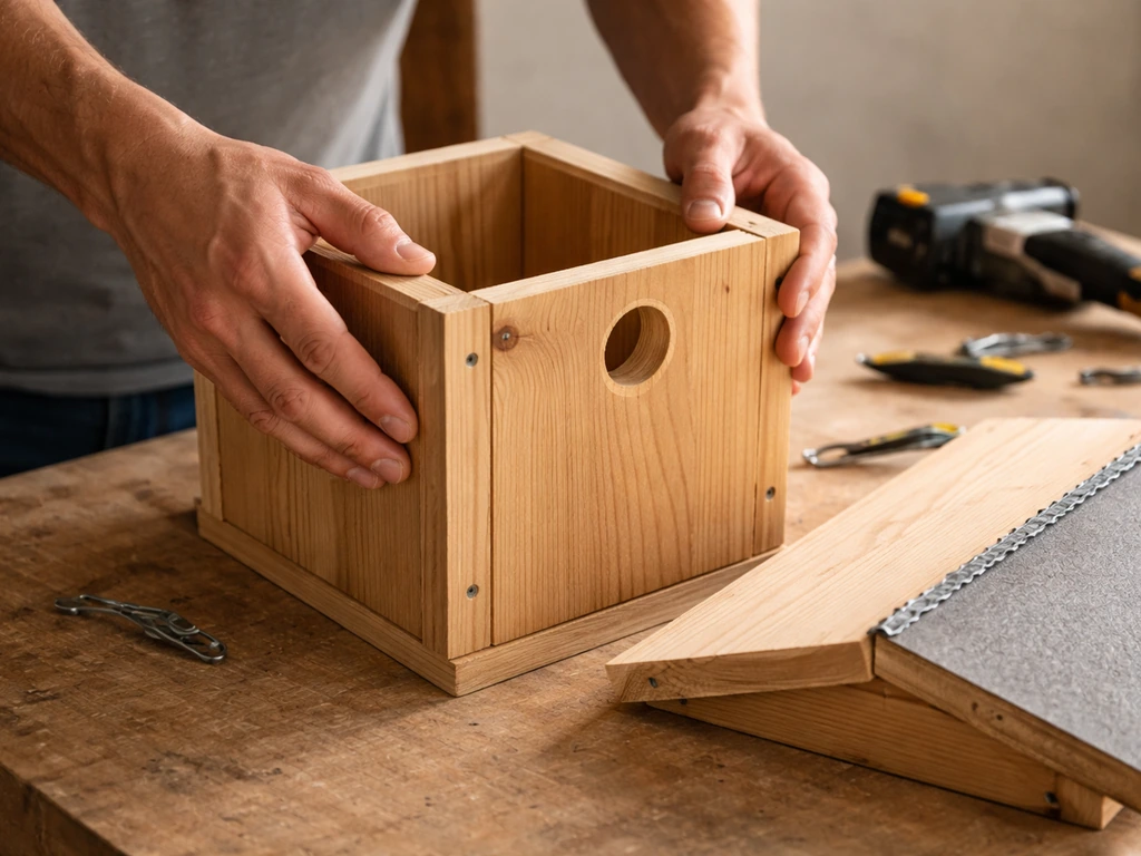 Hands assembling a wooden nesting box on a workbench with the sloped top and roof ready