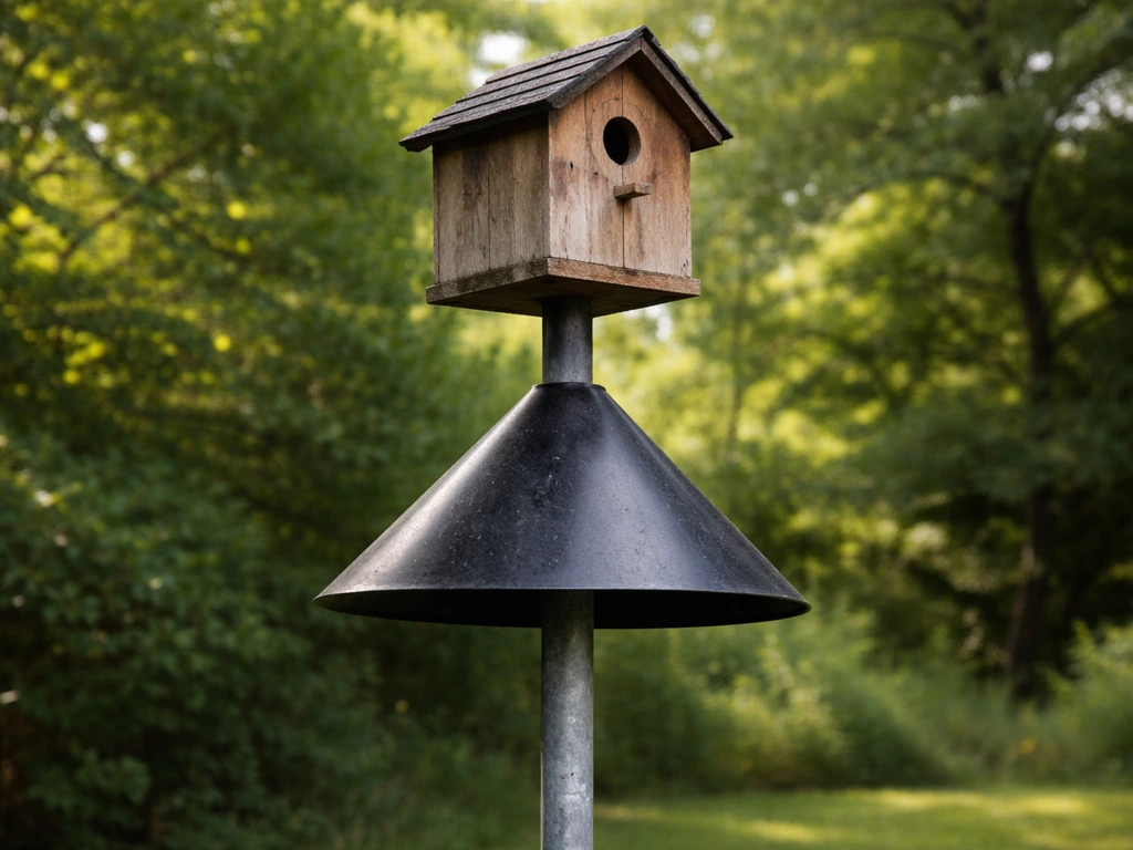 Close-up of a birdhouse mounted on a pole with a cone baffle guarding the entrance area.