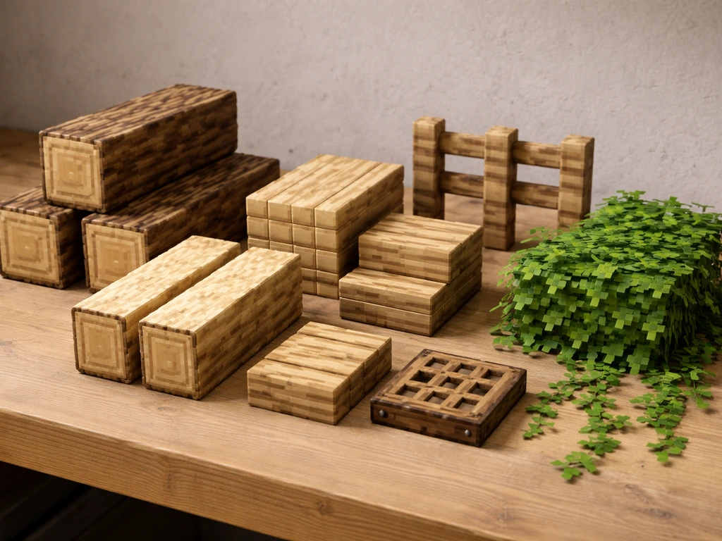 Close-up of oak logs, planks, fence posts, stairs, slab, trapdoor, and leaves laid out for a Minecraft build.