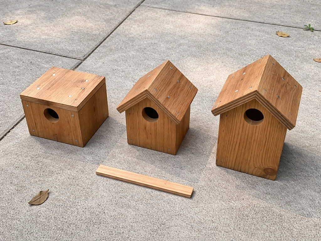 Overhead view of small birdhouses with different sizes and entry placements on a simple outdoor surface