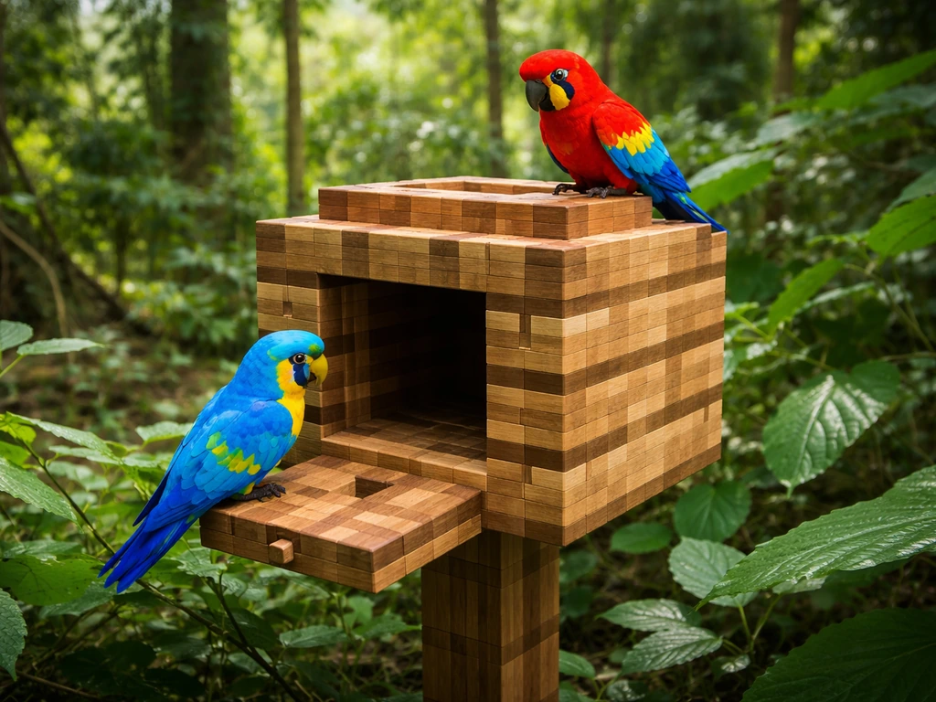 Two Minecraft-style parrots perched beside a small wooden bird house entry in jungle greenery.