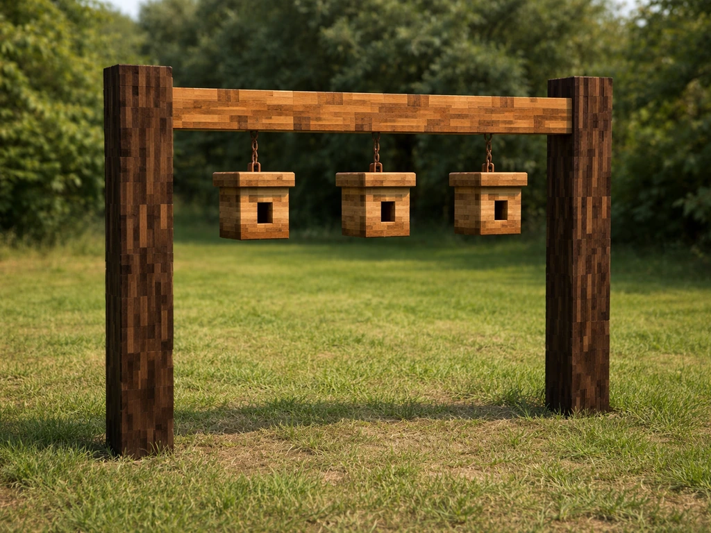 Outdoor Minecraft-style build with two fence posts, a log beam, and three birdhouse boxes hanging evenly.