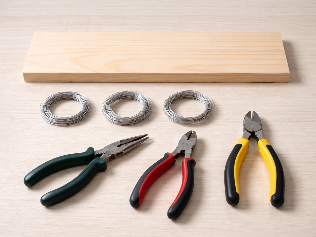 Coils of thin wire and basic pliers/cutters arranged on a simple workbench base board.