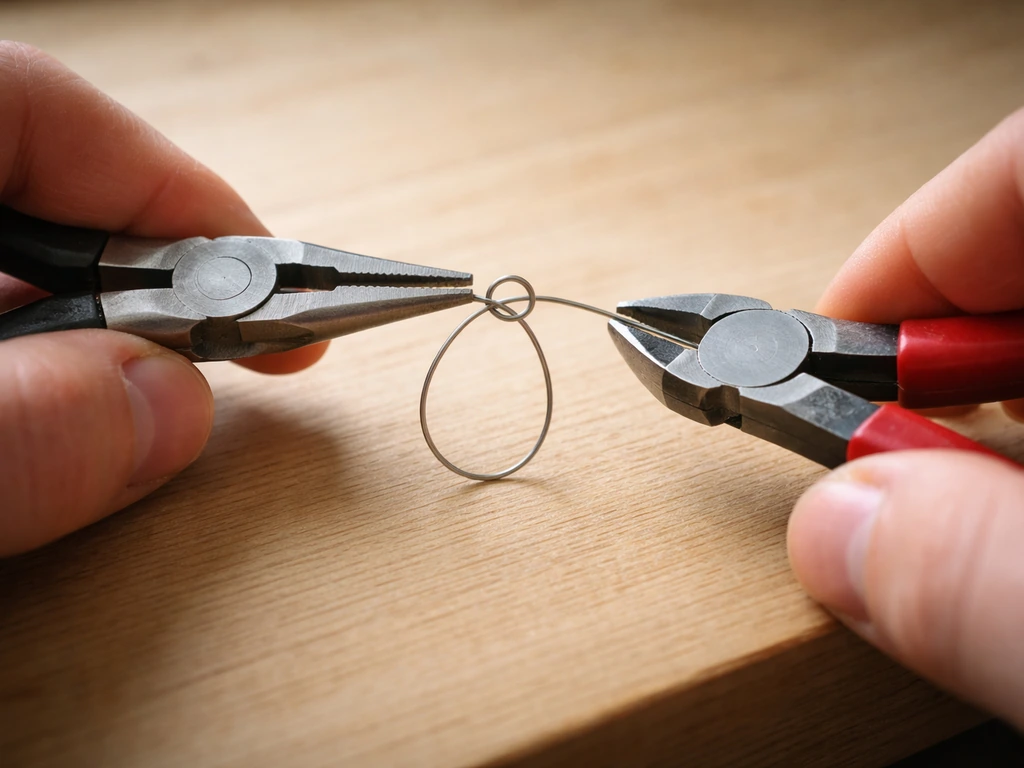 Close-up of hands using needle-nose pliers and wire cutters to shape a clean wire loop.