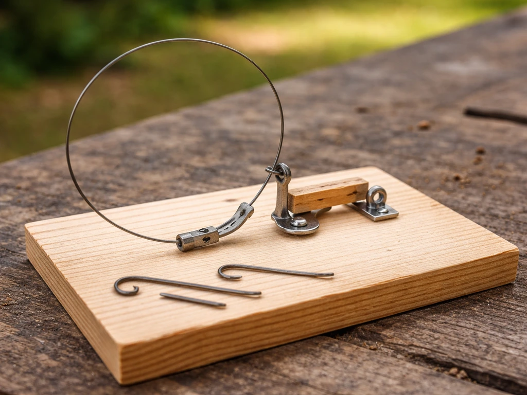 Close-up of repurposed wire snare components assembled on a small base board with anchor and trigger parts.