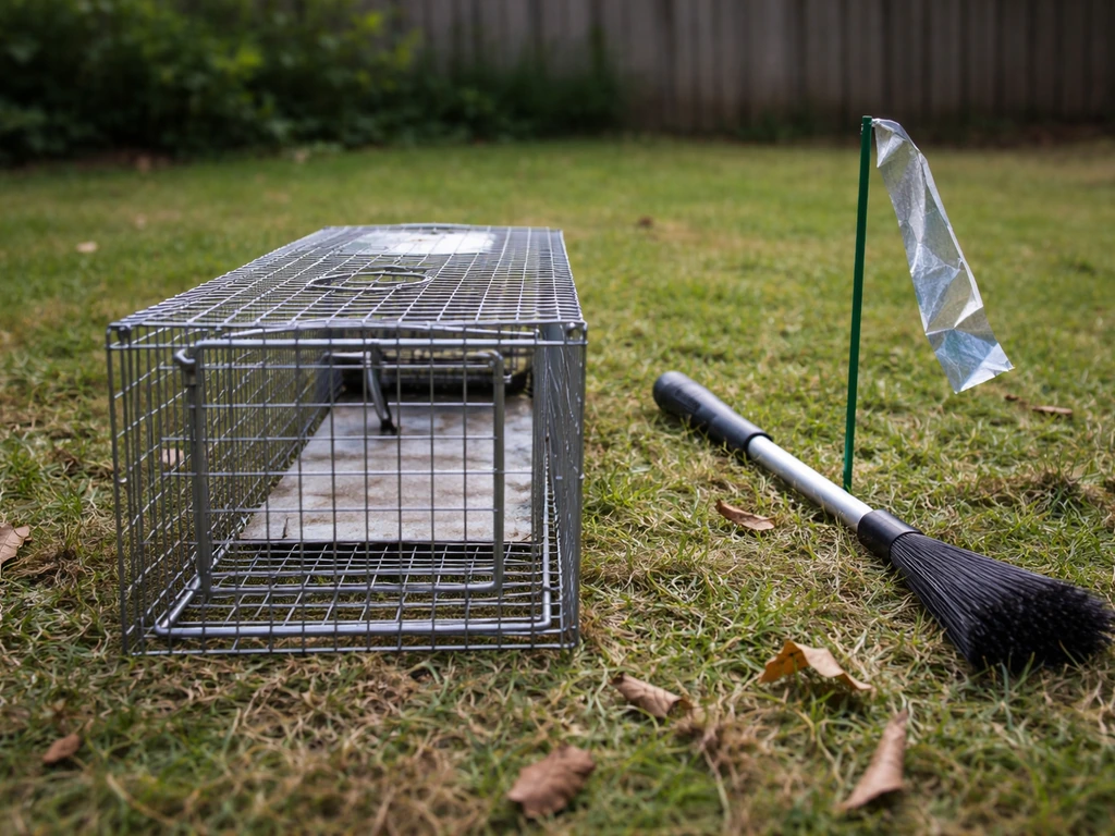 Minimal view of a live-cage style trap door mechanism beside simple humane deterrent items in a backyard